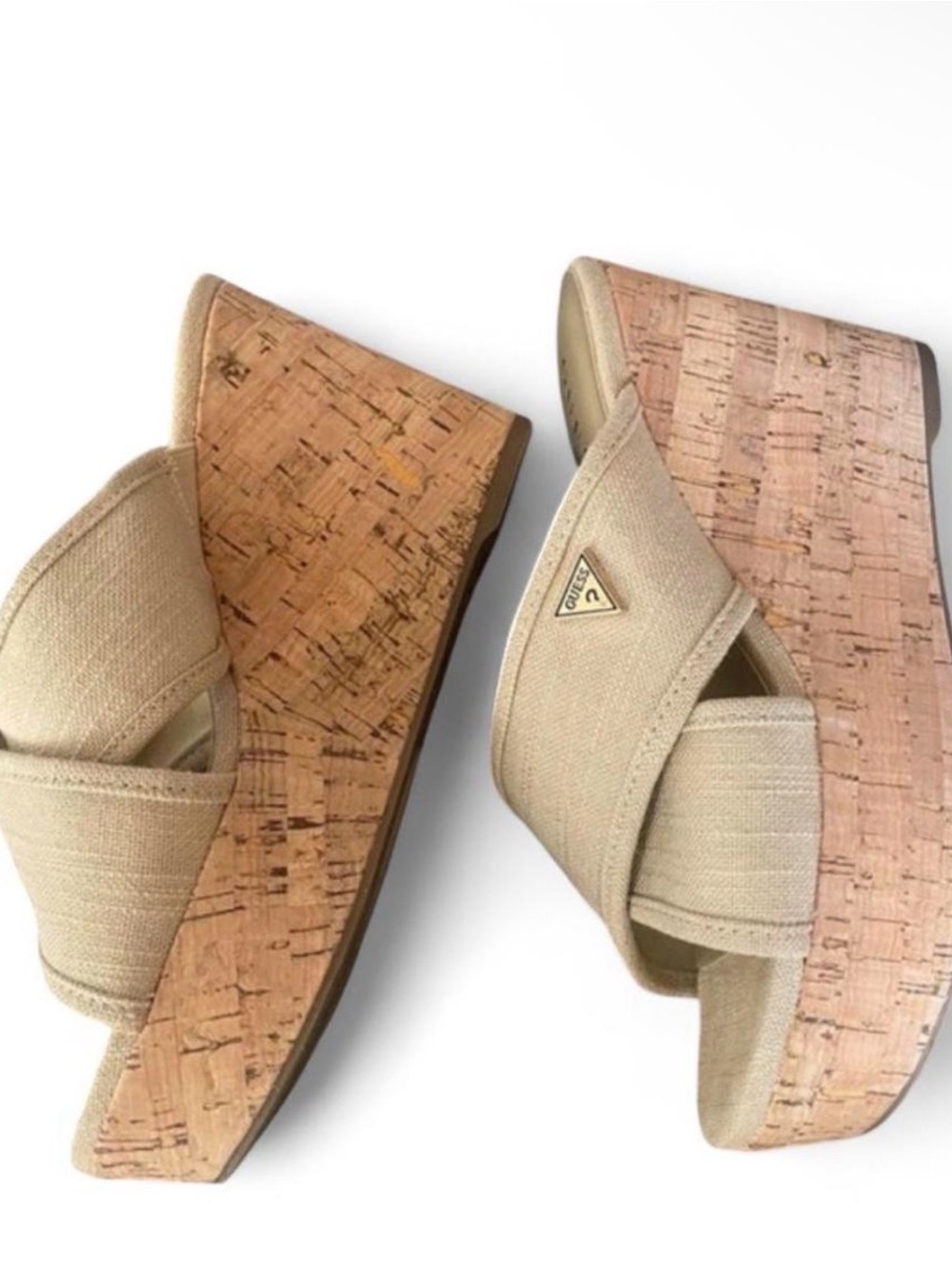Guess Beige Cork Cross-Band Platform Wedge Sandals